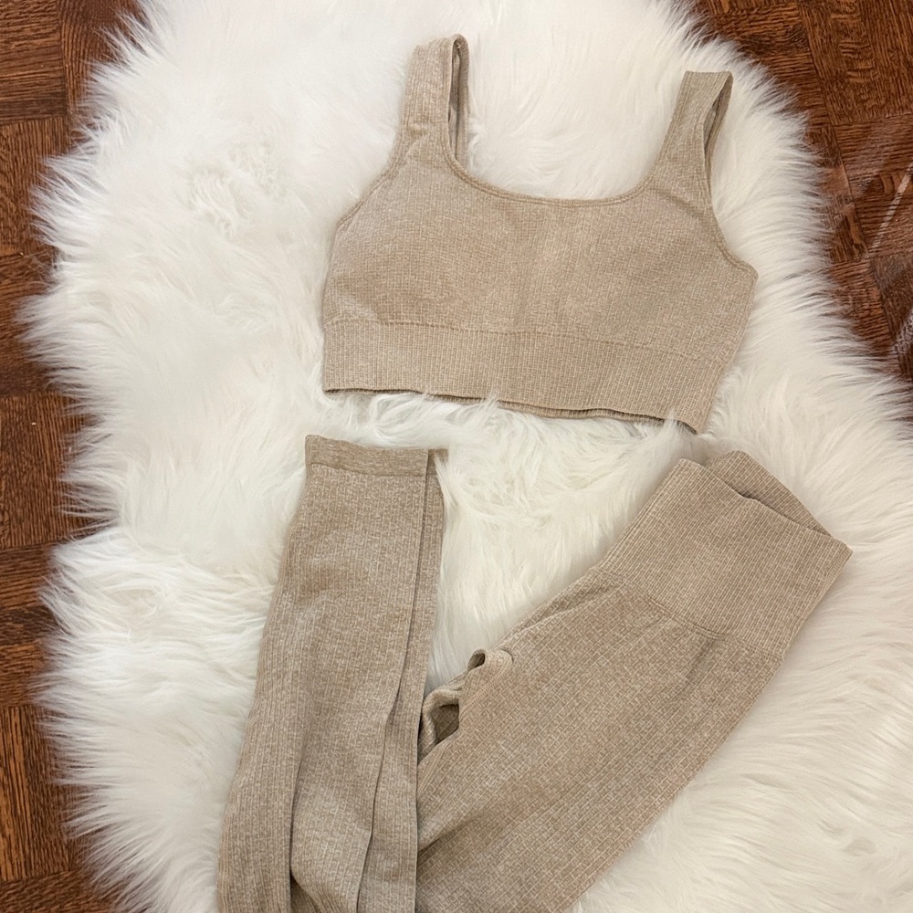 Beige Ribbed Knit Crop Top and Leggings Set